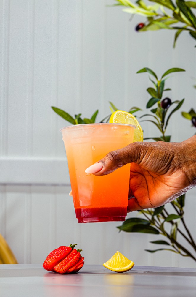 Strawberry lemonade with condensation, beverage photography